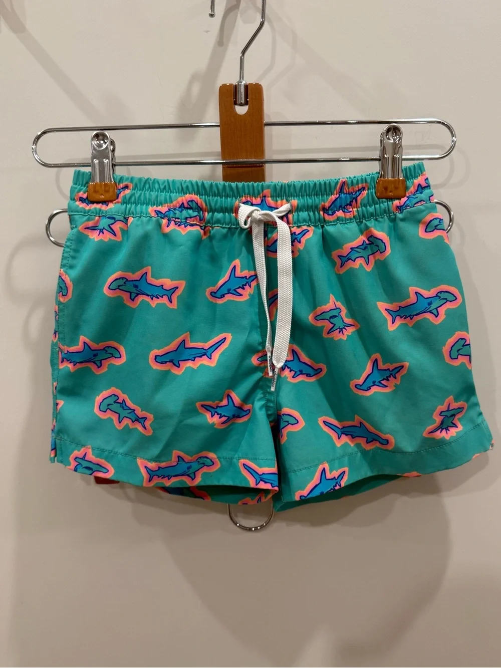 chubbies Teal Swim Trunks with Pink & Blue Shark Print